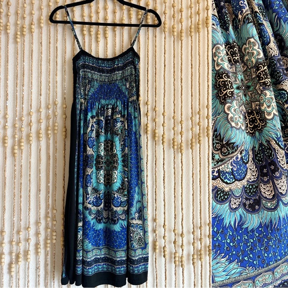 India Boutique Dresses & Skirts - Y2K Teal Blue Paisley Boho Smocked Stretchy Flowy Festival Summer Indie Dress OS